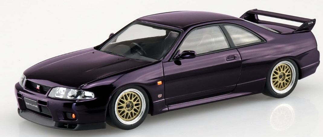 Aoshima 1/32 Nissan R33 Skyline GT-R | Midnight Purple - Custom Wheel Version - Snap-Fit Model Kit - No Glue/Paint Required - JDM Authentic